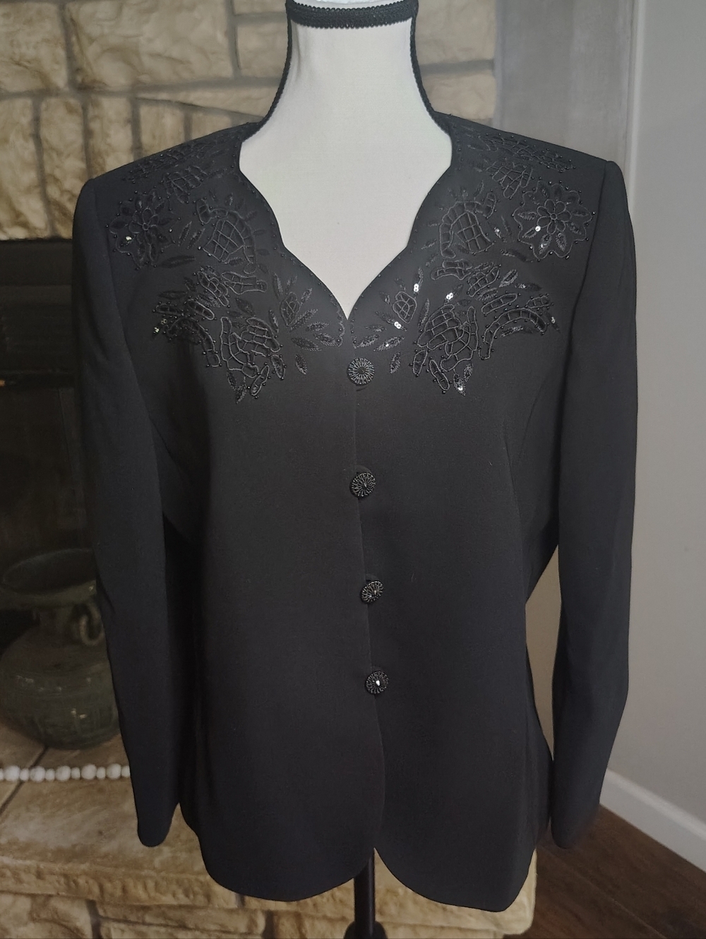 Vintage Le Suit Black Beaded Evening Blazer Size 12